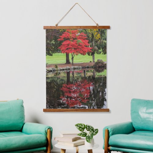 Red Autumn Leaves Reflected in Pond Hanging Tapestry