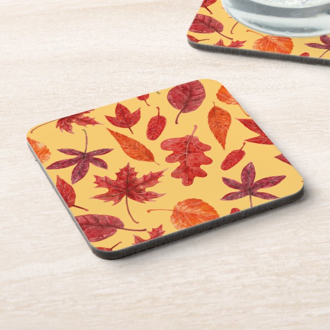 Red autumn leaves watercolor beverage coaster (Left Side)