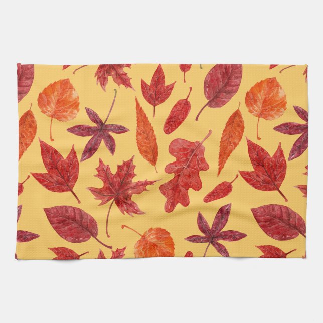 Red autumn leaves watercolor kitchen towel (Horizontal)