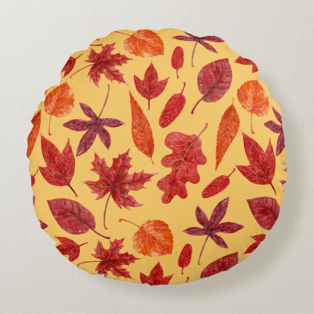 Red autumn leaves watercolor round pillow (Front)