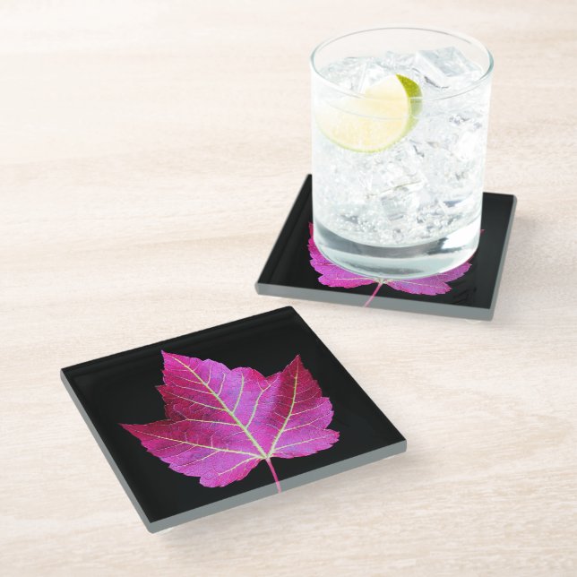 Red Autumn Maple Leaf on Black Floral Glass Coaster (Angled)