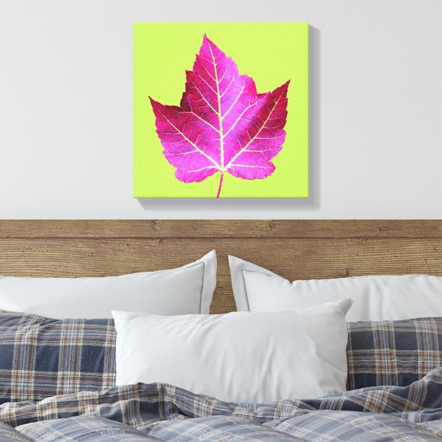 Red Autumn Maple Leaf on Green Background Canvas Print (Insitu(Bedroom))