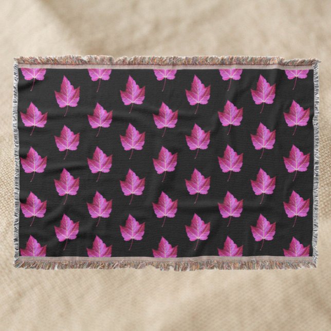 Red Autumn Maple Leaf Pattern on Black Background Throw Blanket (In Situ)