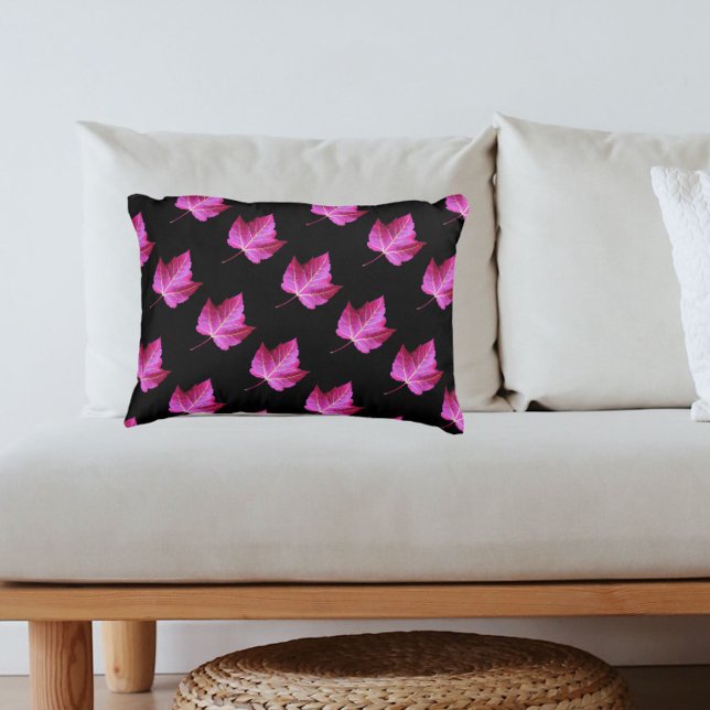 Red Autumn Maple Leaf Pattern on Black Floral Accent Pillow (In Situ)