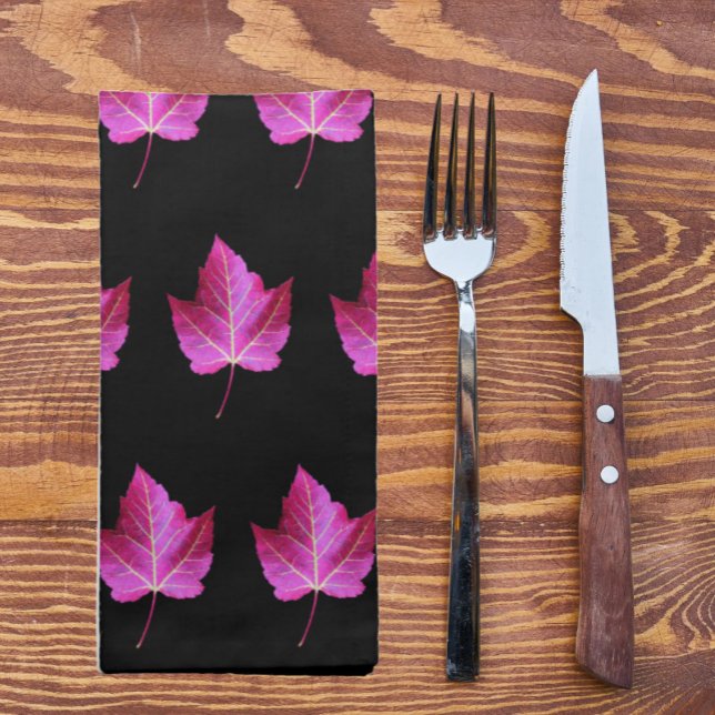 Red Autumn Maple Leaf Pattern on Black Floral Cloth Napkin (In Situ)