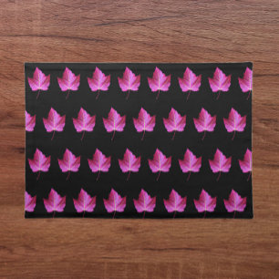 Red Autumn Maple Leaf Pattern on Black Floral Cloth Placemat