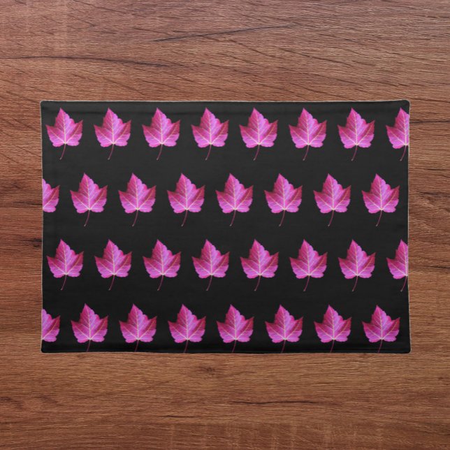 Red Autumn Maple Leaf Pattern on Black Floral Cloth Placemat (In Situ)