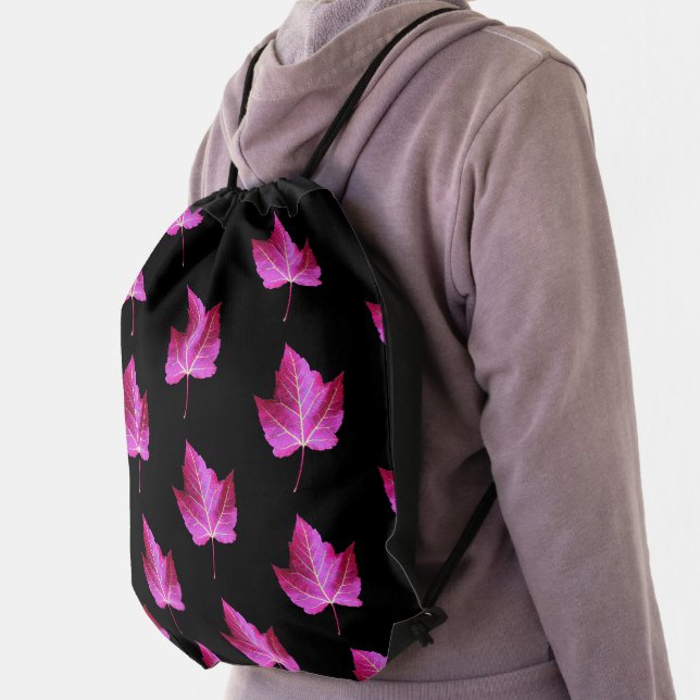 Red Autumn Maple Leaf Pattern on Black Floral Drawstring Bag (Insitu)