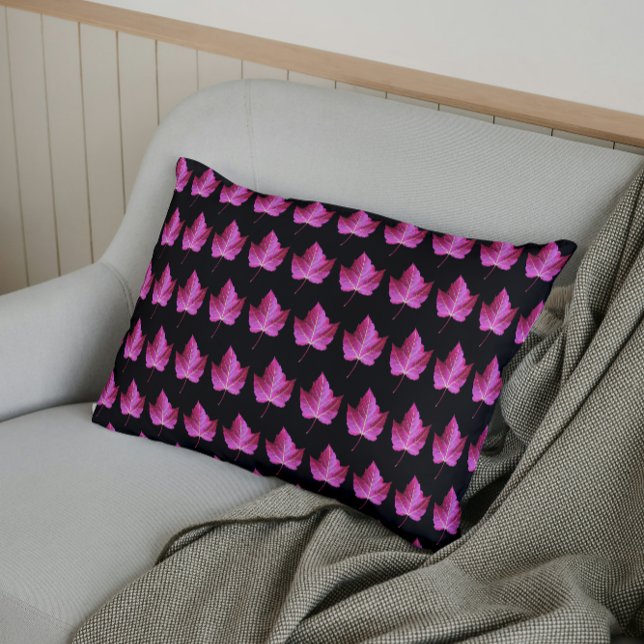 Red Autumn Maple Leaf Pattern on Black Floral Pillow Case (In Situ)