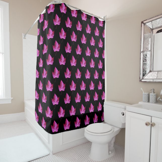 Red Autumn Maple Leaf Pattern on Black Floral Shower Curtain (In Situ)