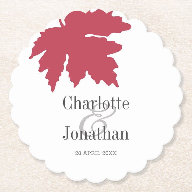 Red Autumn Maple Leaf Wedding/Engagement Favors Paper Coaster (Front)