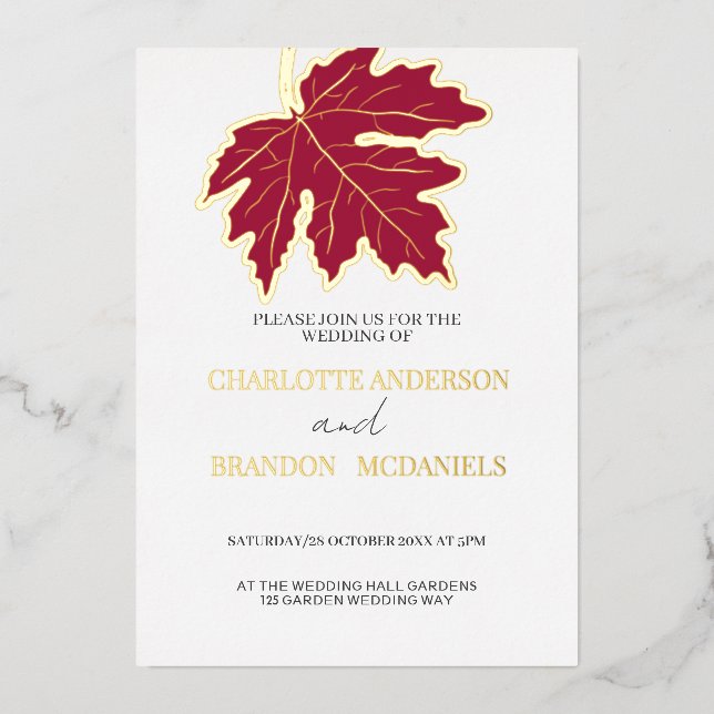 Red Autumn Maple Leaf Wedding Gold   Foil Invitation (Front)