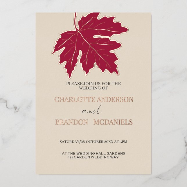 Red Autumn Maple Leaf Wedding Rose Gold Foil Invitation (Front)