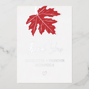 Red Autumn Maple Leaf Wedding Thank You Silver Foil Invitation