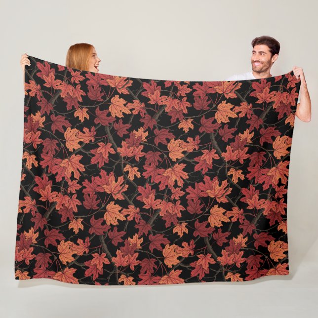Red Autumn maple leaves on black Fleece Blanket (In Situ)