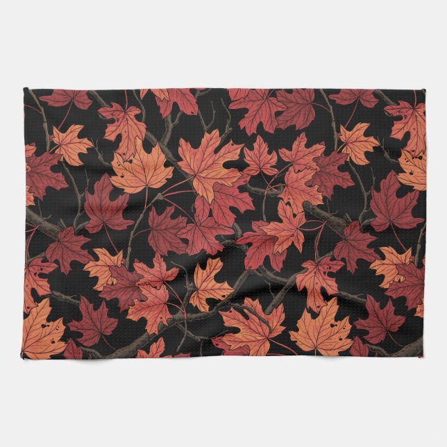 Red Autumn maple leaves on black Kitchen Towel (Horizontal)