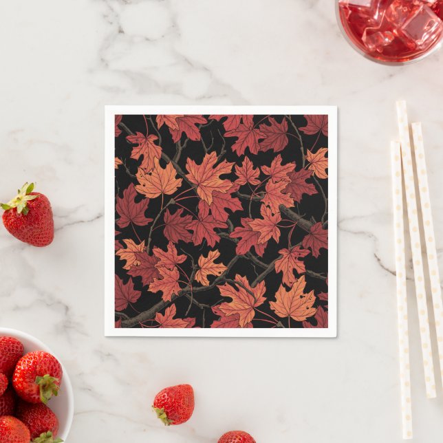 Red Autumn maple leaves on black Napkins (Insitu)