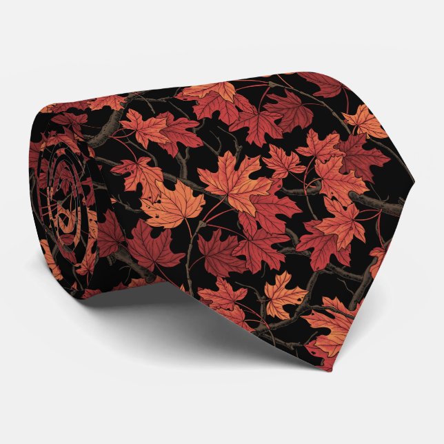 Red Autumn maple leaves on black Neck Tie (Rolled)