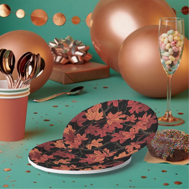 Red Autumn maple leaves on black Paper Plates (Multi)