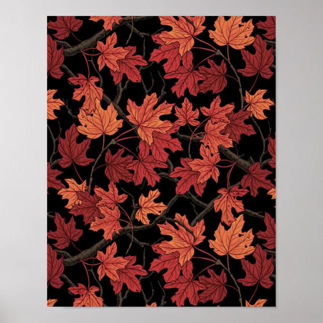 Red Autumn maple leaves on black Poster | Zazzle