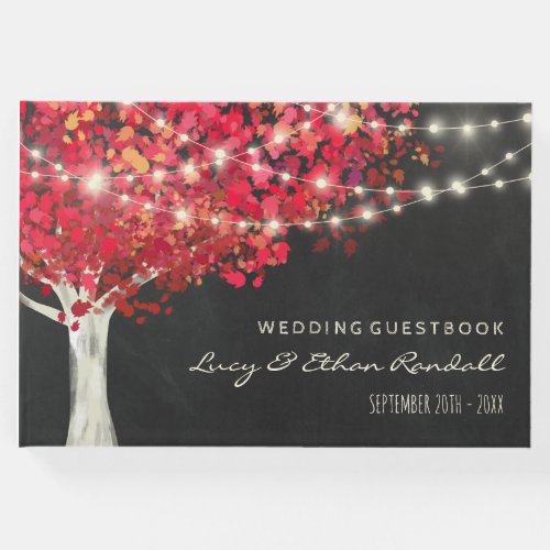 Red Autumn Tree  String Lights Wedding Guest Book