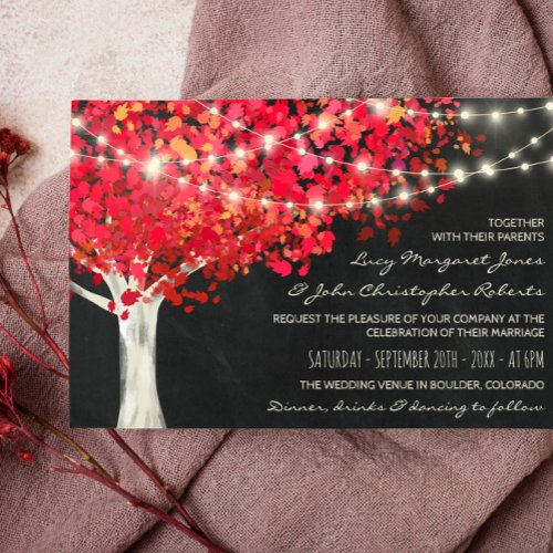 Red Autumn Tree  String Lights Wedding Invitation