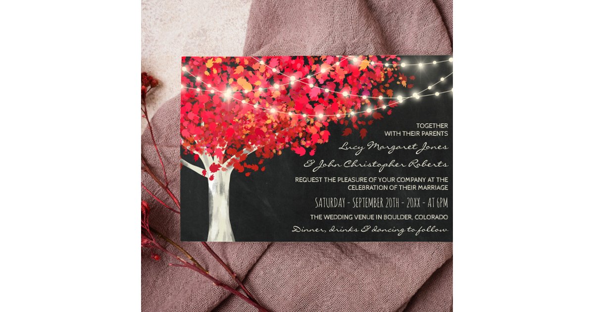 Red Autumn Tree & String Lights Wedding Invitation | Zazzle