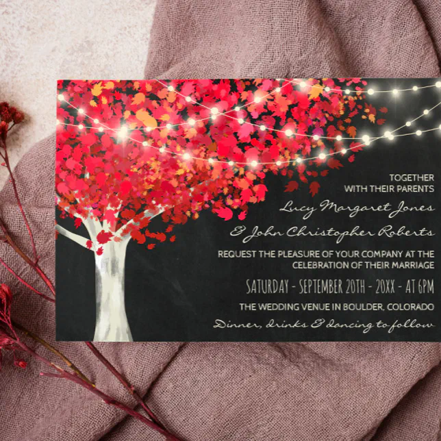 Red Autumn Tree & String Lights Wedding Invitation | Zazzle