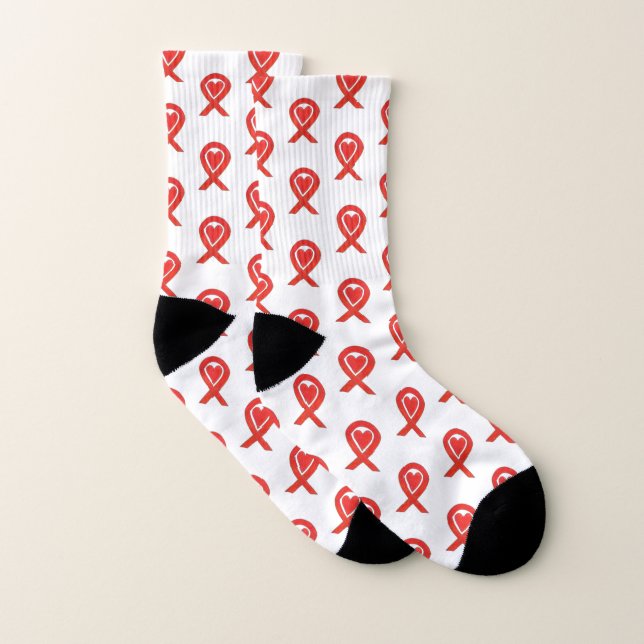 Red Awareness Ribbon Heart Custom Art Socks (Pair)