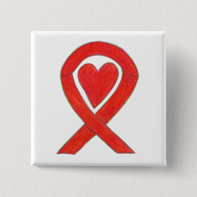 Red Awareness Ribbon Heart Custom Pin Buttons (Front)