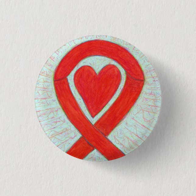 Red Awareness Ribbon Heart Custom Pin Buttons (Front)