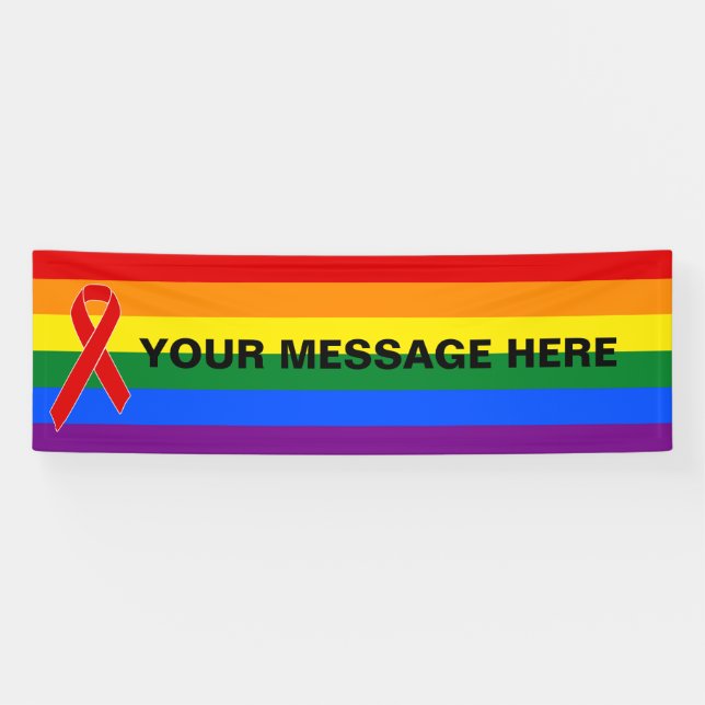 Red Awareness Ribbon & rainbow flag + your message Banner (Horizontal)