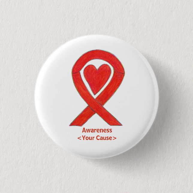 Red Awareness Ribbon with Heart Custom Art Pins (Front)