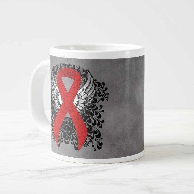 Red Awareness Ribbon with Wings Giant Coffee Mug (Front Left)
