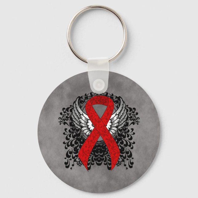 Red Awareness Ribbon with Wings Keychain (Front)