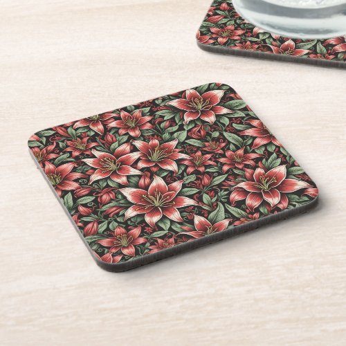 Red Aztec Lily Pattern  Beverage Coaster