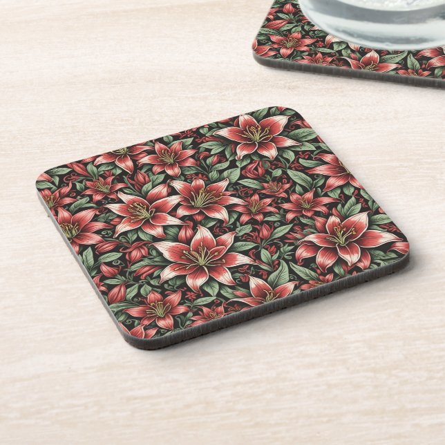 Red Aztec Lily Pattern  Beverage Coaster (Left Side)