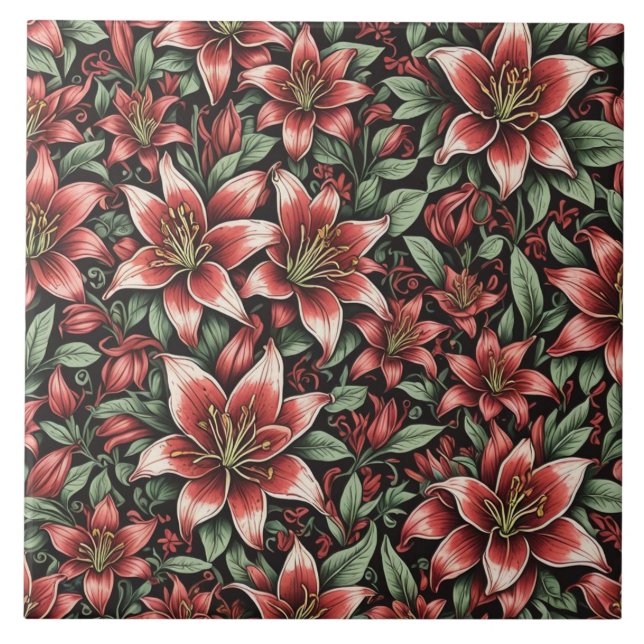 Red Aztec Lily Pattern  Ceramic Tile (Front)