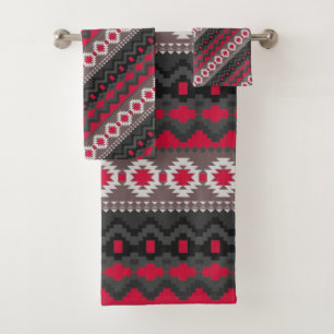 Red aztec pattern bath towel set