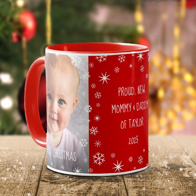 Red Baby 1st Christmas 2 Photo New Mom and Dad Mug (Creator Uploaded)