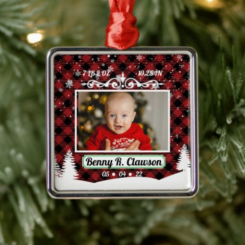 Red Baby Birth Stats Country Farmhouse Photo Metal Ornament