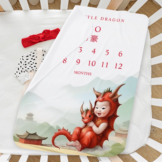 Red Baby Chinese Dragon Landscape Monthly Growth Baby Blanket (Baby Chinese Dragon and Scenic Landscape Monthly G Tracker Baby Blanket in Red. )