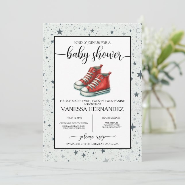 Red Baby High Tops Baby Shower Invitation (Standing Front)