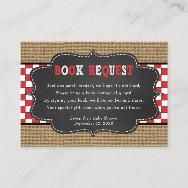 Red Baby Q, BBQ Baby Shower book request card (Front)