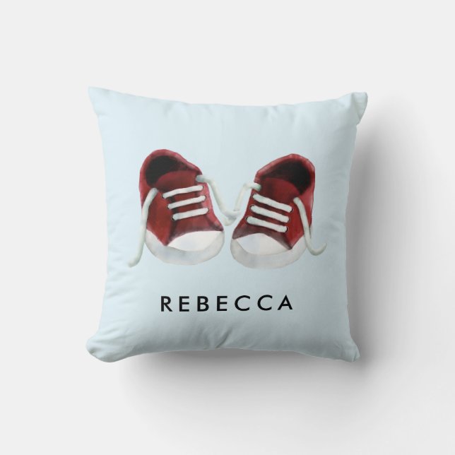 Red Baby Sneakers Pillow, with Name, for Nursery Throw Pillow (Front)