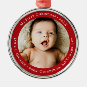 Red Baby's First Christmas 1 photo Birth date Metal Ornament