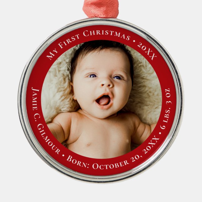 Red Baby's First Christmas 1 photo Birth date Metal Ornament (Front)