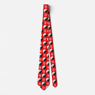Red Background Chinese Yinyang Pattern Neck Tie
