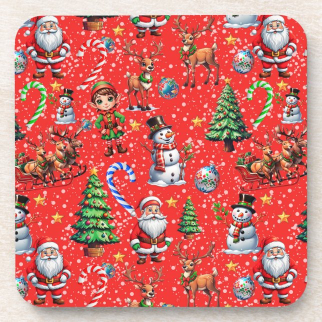 Red Background Christmas Decorative Pattern Beverage Coaster (Front)