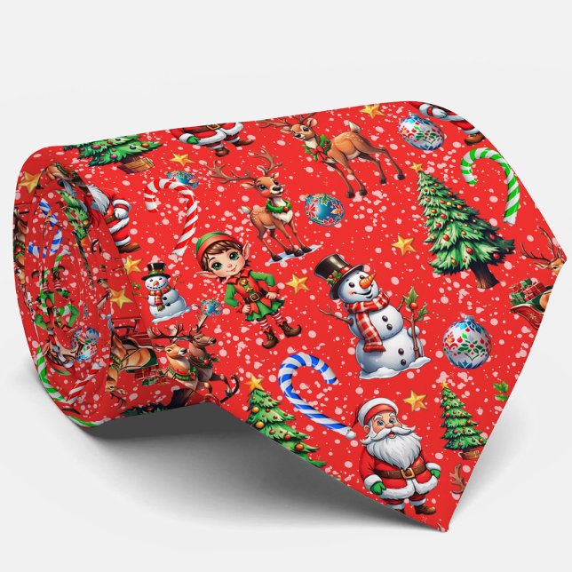 Red Background Christmas Decorative Pattern Neck Tie (Creator Uploaded)